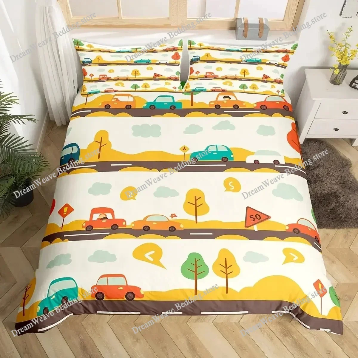 Cartoon Car Duvet Cover Kids City Traffic Road Map Bedding Set for Boys Room Decor,Geometric Lines Street Car Comforter CoverFQH