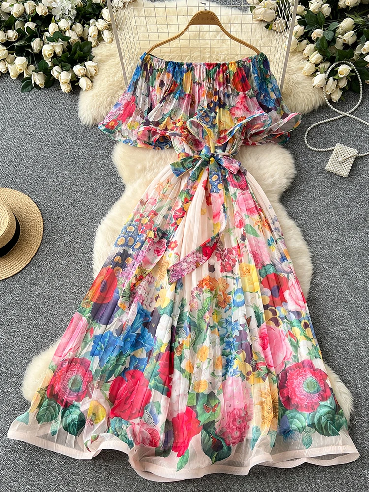 

Vacation Style One Shoulder Printed Dress for Women in Summer New Waist Cinching Temperament Big Swing Chiffon Long Dress C30