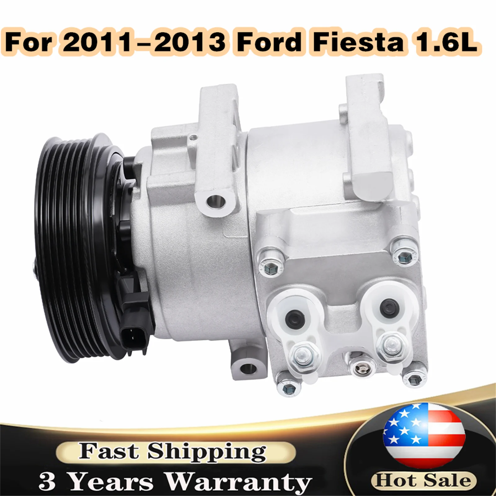 Engine A/C Compressor & Clutch 6 Groove Fits For  Ford Fiesta 1.6L 2011-2013 CM105110 / 5S6519D629DA