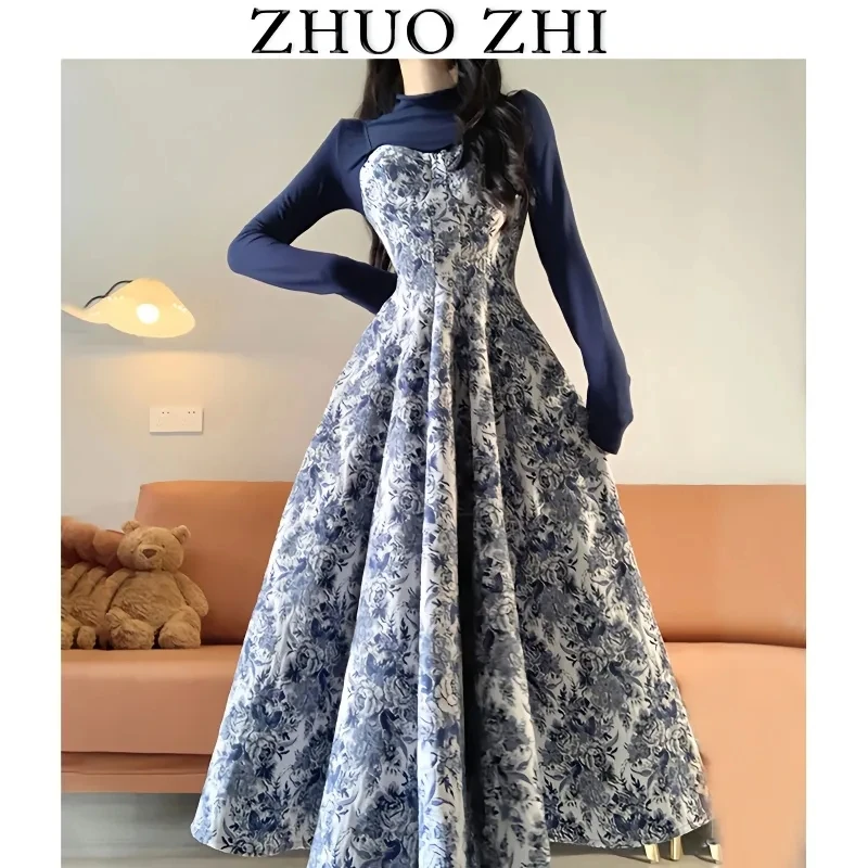 New Chinese Blue and White Porcelain Stitching Slim Floral Dress Ladies 2024 Summer New High-Puality Long-Sleeved Big Skirt Tide