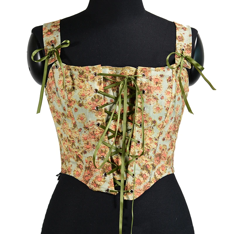 Beaushare Floral Print Crop Tops Female Sleeveless Bandage Short Strap Vest For Women Vintage Fashion Korean 2022 Lace up Corset