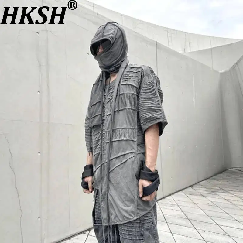 HKSH Spring Summer New Waste Land Asymmetric Pleated Tie Dye Vintage 3D Cut Short Sleeve T-shirt Men Dark Fashion Ins Top HK0315