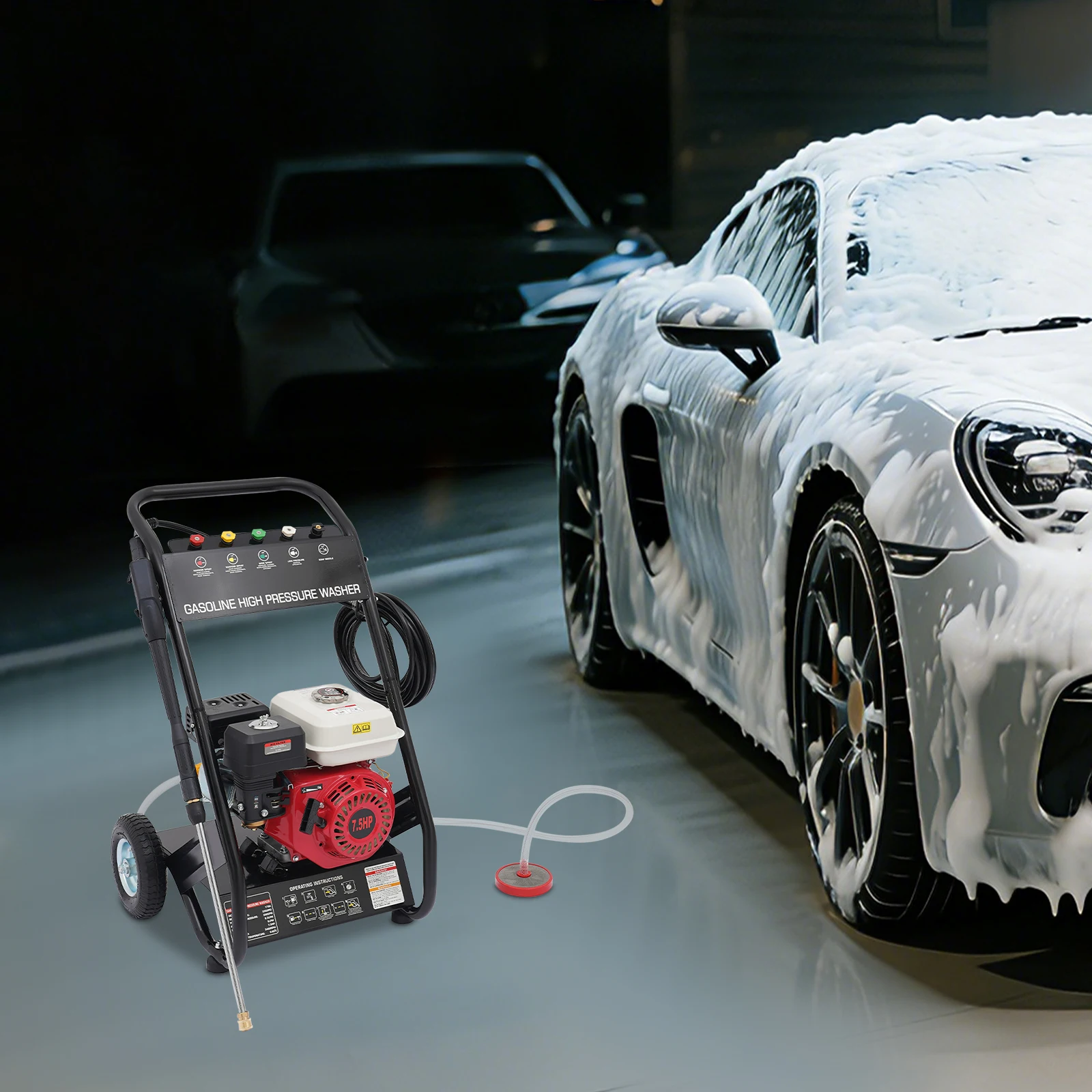7,5 PS, 2200 PSI Hochdruckreiniger, 3400 U/min, benzinbetriebene Reinigungsmaschine mit 5 Düsen für Hof, Auto, geräuscharm, Handzugstarter – Detail 1