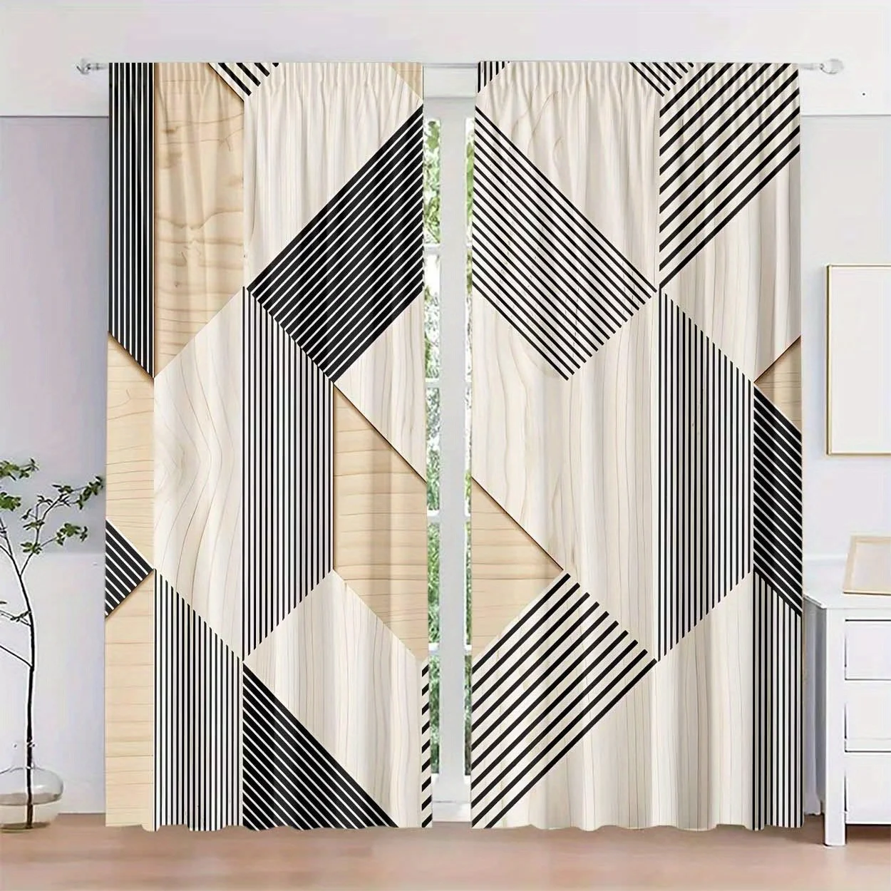 

2pc Black and beige minimalist patterned curtains, made of polyester, machine washable, suitable for living room bedroom décor.