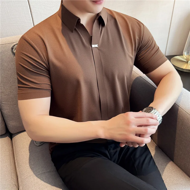 

British Style Elastic V-neck Short Sleeved Polo Shirt Men High-quality Ice Silk Seamless Lapel T-shirt Casual Business POLOS
