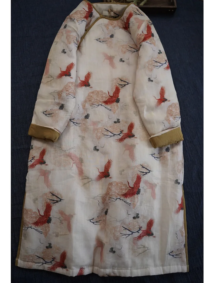 New Chinese Style National Trend Swallow Pattern Flax Print Cotton Filled  Dress Women Winter Long Thick Warm Cotton...