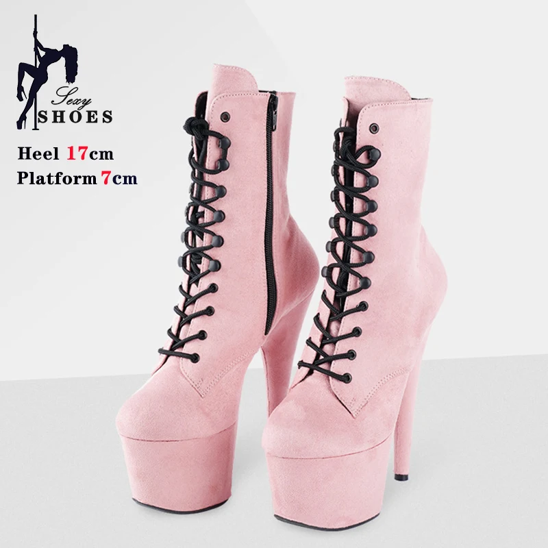 Pink Sexy 17CM/7Inch Suede Ankle Boots Stripper  Women's Platform Party High Heels Exotic Dancing Boots Round Head Lace-up Boots