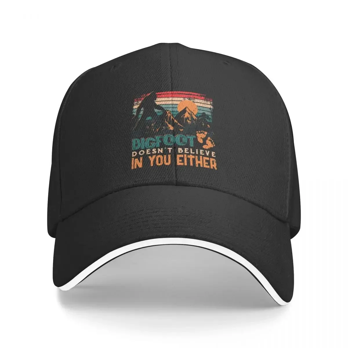 

Bigfoot Doesn't Believe in you Either Vintage Graphic Sasquatch walking cross mountain forest footprint Baseball Cap