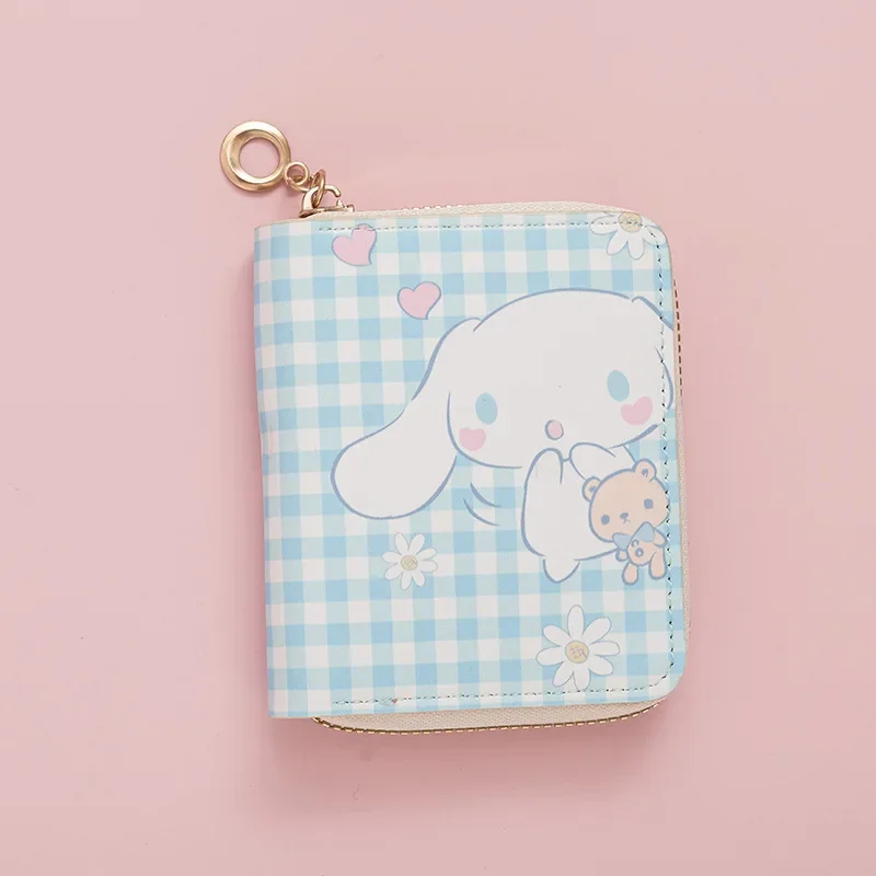 Sanrio-cartera con estampado de dibujos animados para chica, cartera pequeña con cremallera corta, regalo de cumpleaños, Cinnamoroll