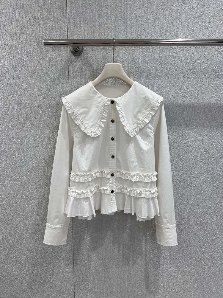 

Весенне-летняя новинка: женская белая модная рубашка с волнистым краем, воротником-стойкой и однорядной застежкой, элегантный стиль