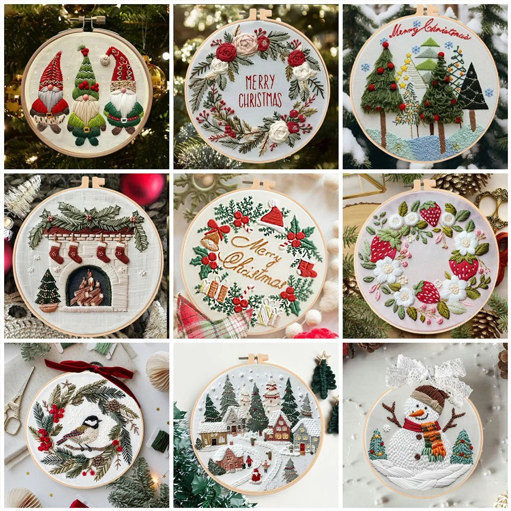 Christmas Wreath Embroidery Accessories & Hoop Included Hand Embroidery Kit For Adults Landscape Stitching Sewing Kit Gift