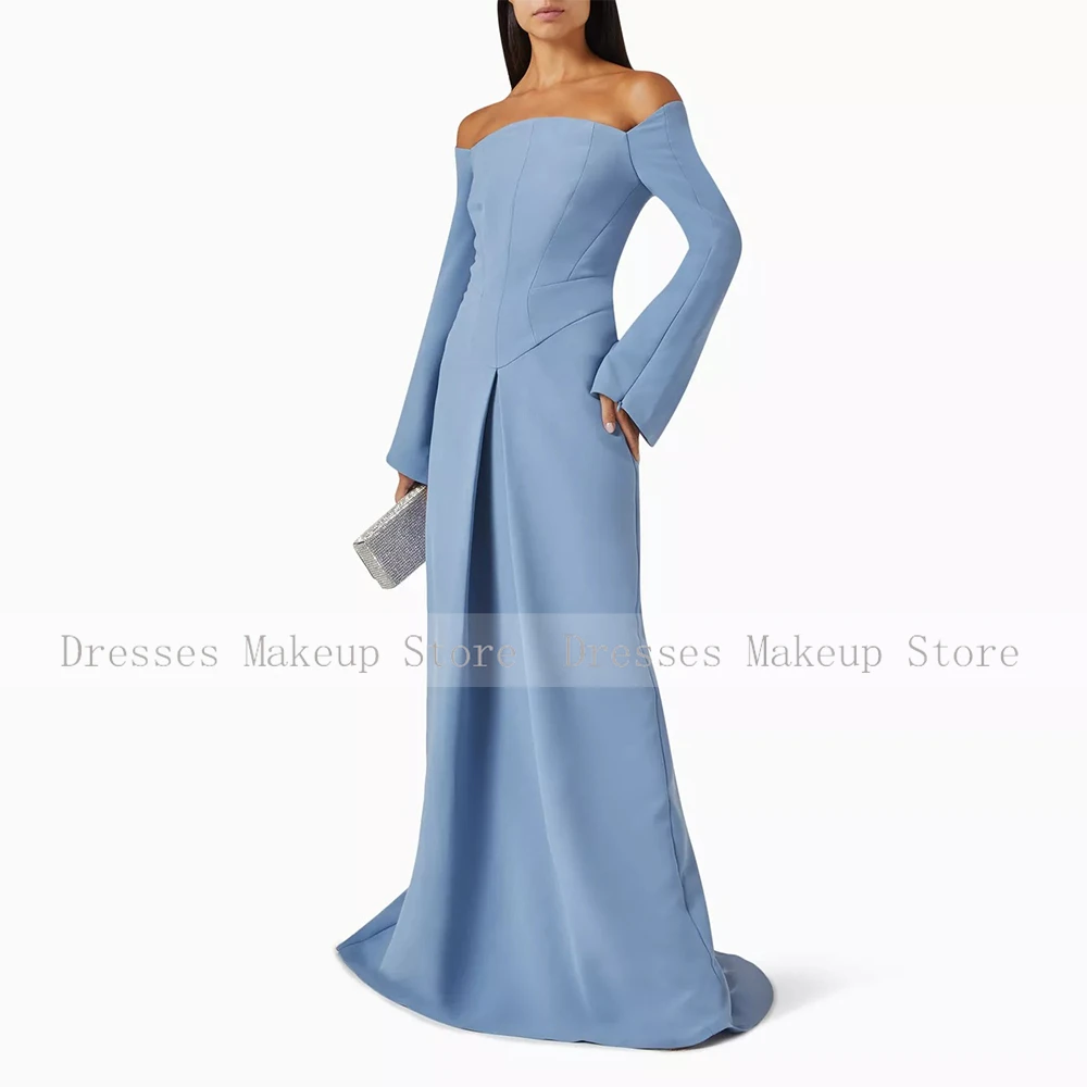 Formal Party Dresses for Women 2024 Sky Blue A-line Off-the-shoulder Floor Evening Gown Long Sleeves Length Modern Evening Dress