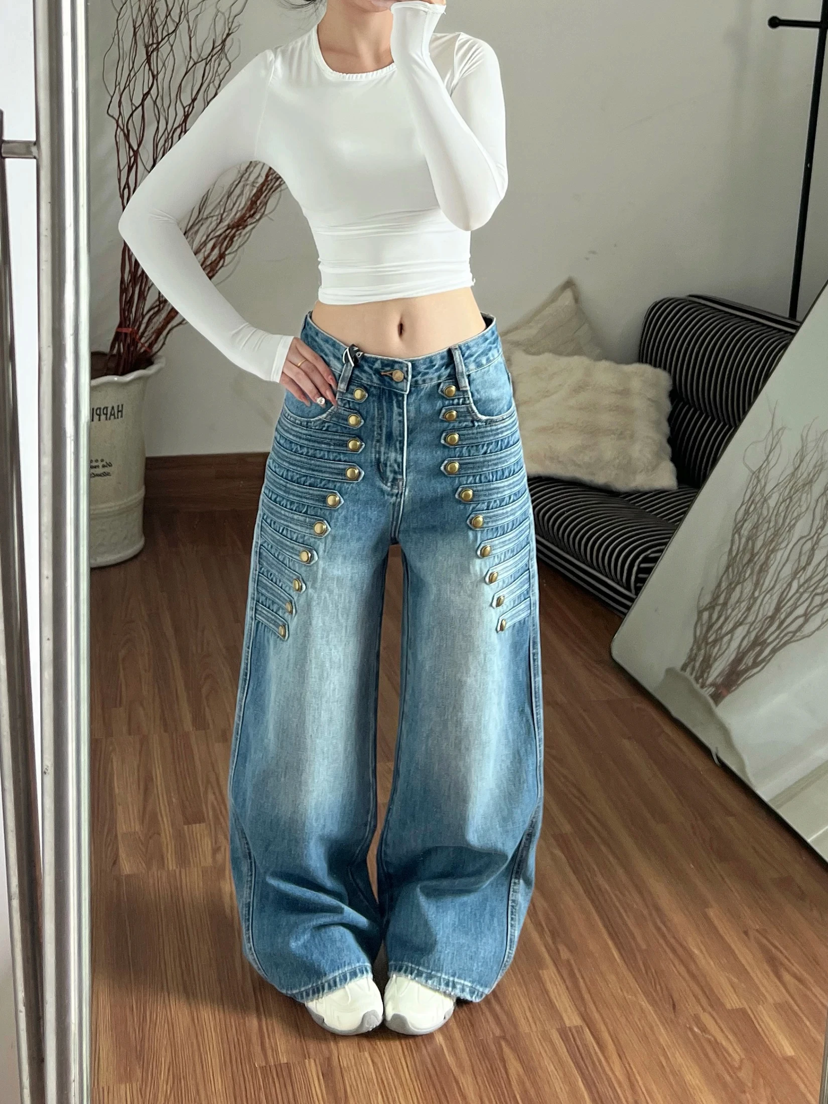 Retro American Court Style Multi-Button Denim Jeans Men Women Autumn Washed Vintage Wide Leg Floor-Length Pants