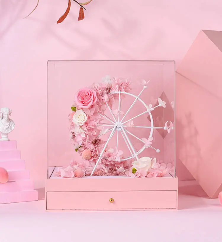 Mother's Day Gift Everlasting Big Sky Wheel With Music Ferris Wheel Led Lights Preserved Flowers In Clear Acrylic Box