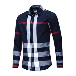 Casual Vertical Plaid Shirts Mens Chemise Homme Men's Shirt 2021 Long Sleeve Casual Slim Fit Shirts 100% Cotton Shirts 199