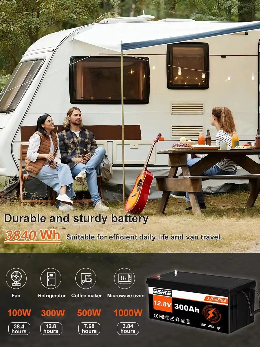 GSIKE 12V 100Ah 300Ah LiFePO4 Batterie, tragbare Deep-Cycle-Batterie mit integriertem intelligentem BMS & über 10.000 Zyklen, A+ Zellen, 12.8V 100AH 300AH für Wechselrichter, Solar- und RV-Anwendungen