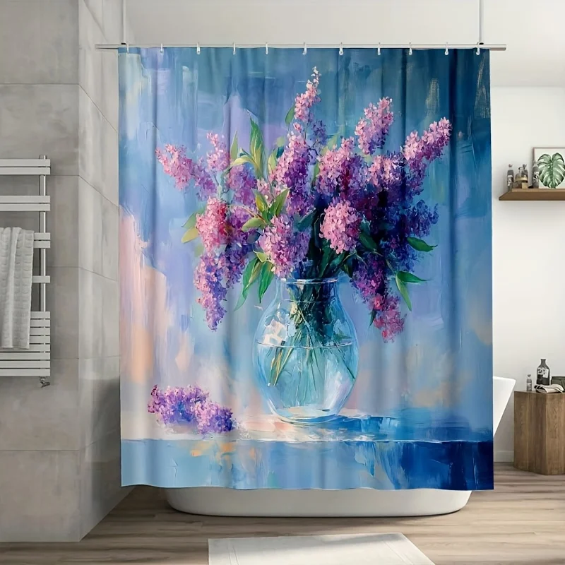 

Занавеска для душа со стеклянной вазой сиреневого цвета — 70,8x70,8 дюйма, прочный полиэстер, легко чистится, компактная с крючками