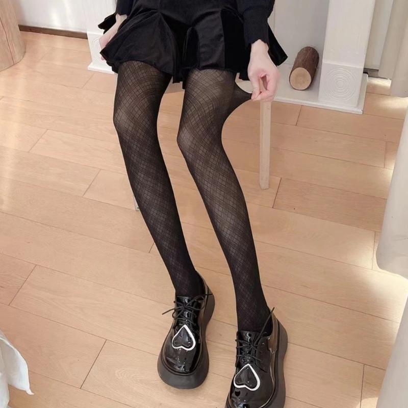 Women Japanese Style Gothic Mesh Tights Stockings Elegant Argyle Checkered Plaids Pattern See Through Pantyhose Hosiery