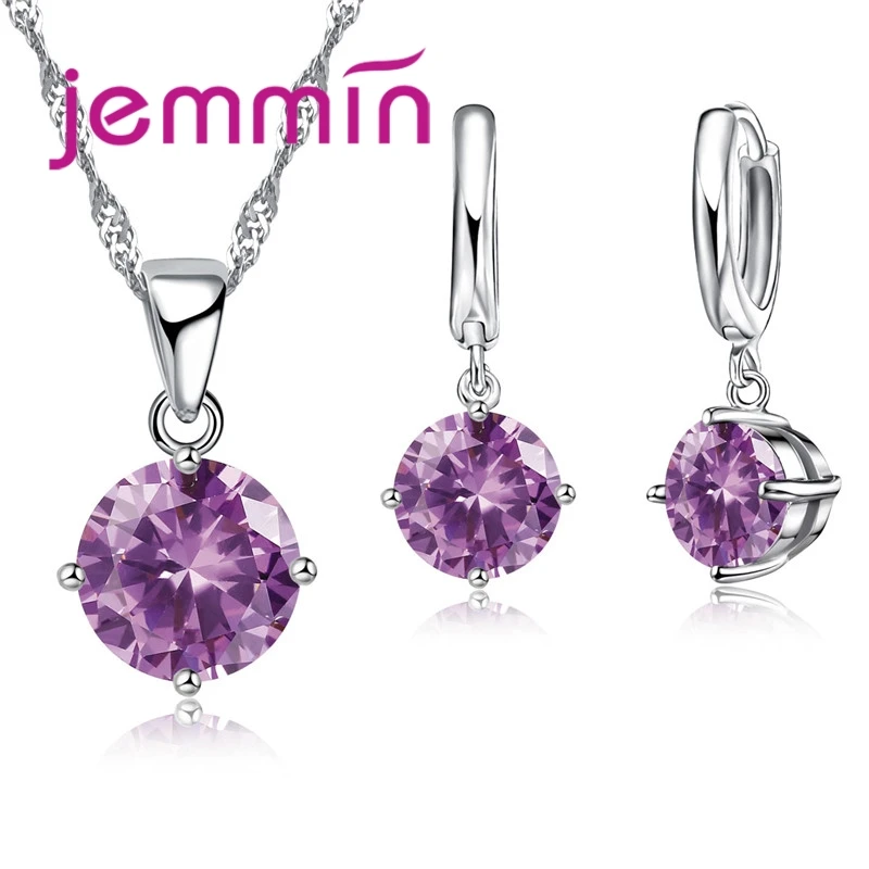 8 Colour AAA Crystal 925 Sterling Silver Pendants Earring Necklace Set Women Girls Party Four-Claw Jewelry