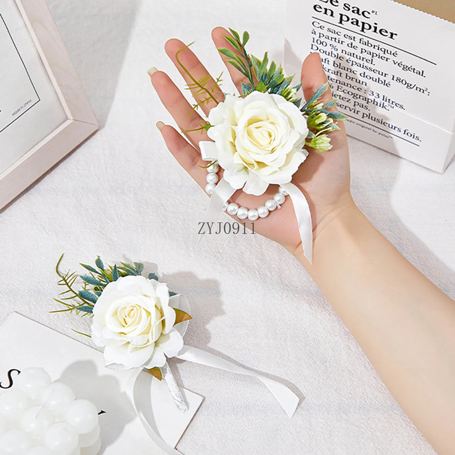 *الصدار 2 قطعة المعصم زهرة الزهور السوار الاصطناعي روز اللؤلؤ سوار للعروس وصيفه الشرف الزفاف