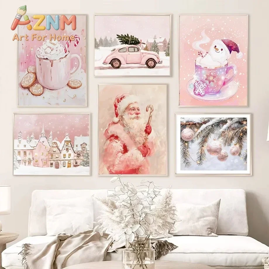 Nordic Pink Winter Christmas Theme Poster Printing Fairytale-Style Reindeer Santa Claus Sentry Home Decor Creative Gifts
