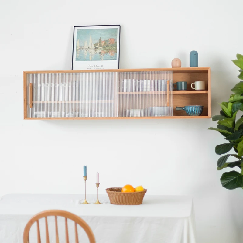 

Nordic solid wood wall cabinet dining room living room bedroom wall-mounted wall cabinet small apartment kitchen shelf glass TV