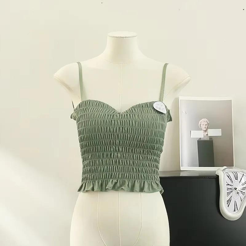 Sexy Skinny Crop Tops Woman 2023 Elegant Spaghetti Strap Chic Women’s Tanks and Camis Pleated Tank Top Built In Bra Dropshipping