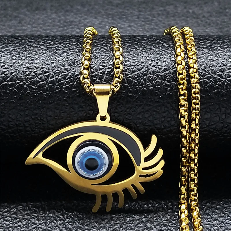 Goth Evil Blue Eye Necklace for Women Men Stainless Steel Silver Color Turkish Eyes Eyelashes Chain Amulet Jewelry Collier6158