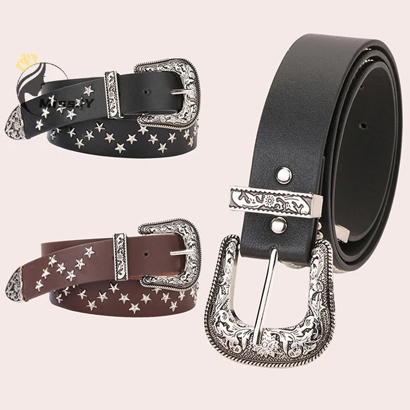 Vintage Star Rivet เข็มขัด Y2k หัวเข็มขัดโลหะ Punk Rock เข็มขัด Gothic Pu เข็มขัดผู้หญิงผู้ชายกางเกงยีนส์กางเกงอุปกรณ์ตกแต่ง