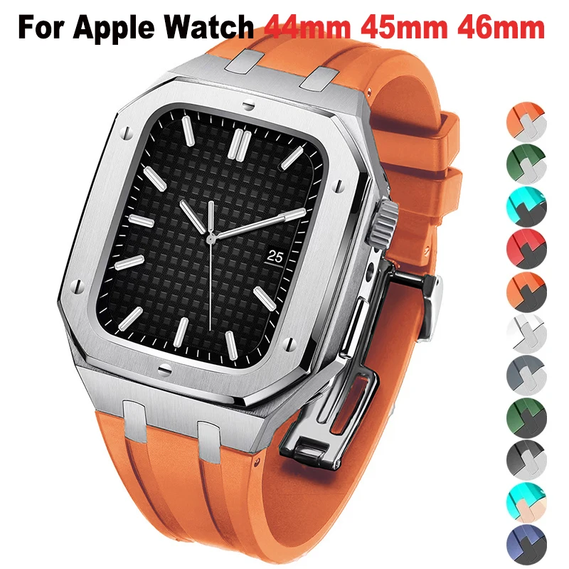 cassa-in-metallo-da-46mm-45mm-44mm-cinturino-in-silicone-per-apple-watch-serie-11-10-9-8-7-se-6-5-4-bracciale-in-gomma-kit-di-modifica-di-lusso-in-acciaio-inossidabile