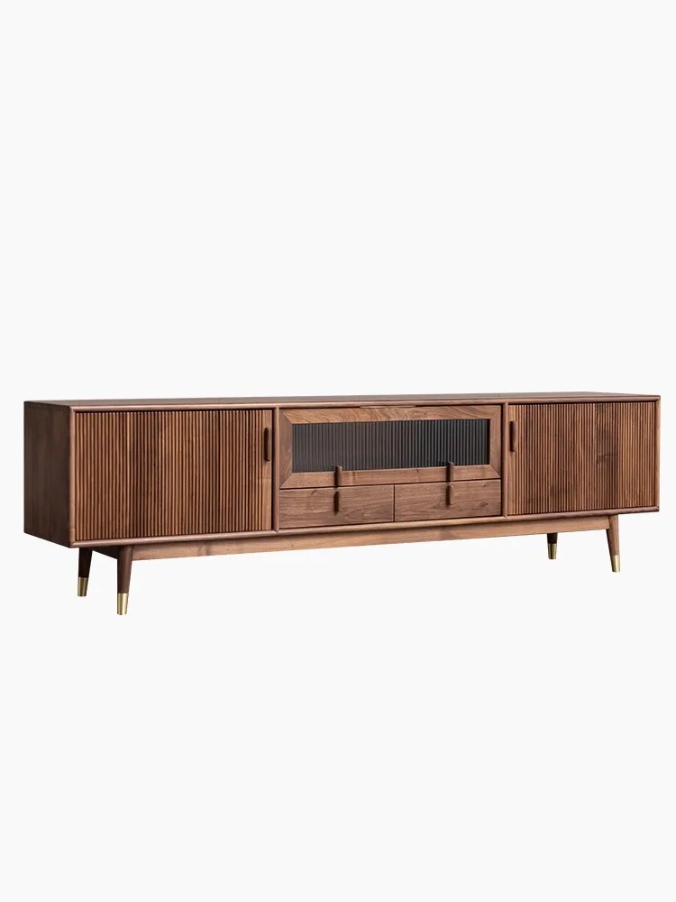 

Modern light luxury black walnut TV cabinet Nordic grille audio-visual cabinet All solid wood multi-functional low cabinet Log f