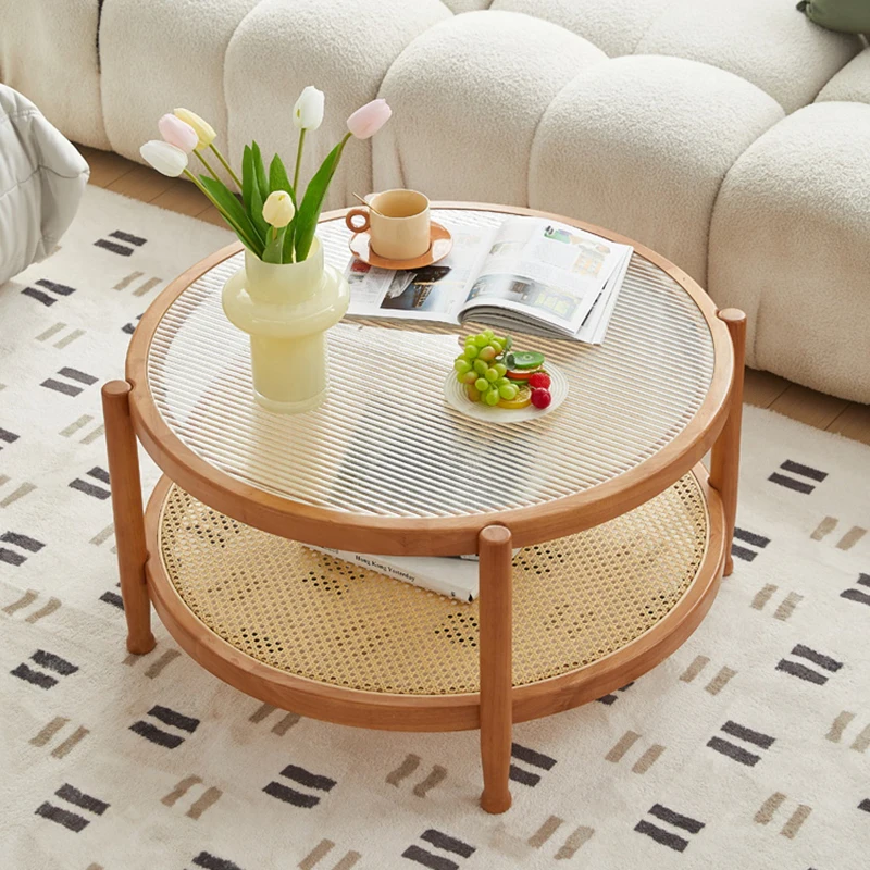 Mesa de café tecida Rattan de madeira maciça, Mesa lateral da sala de estar, Mesa de vidro redonda japonesa