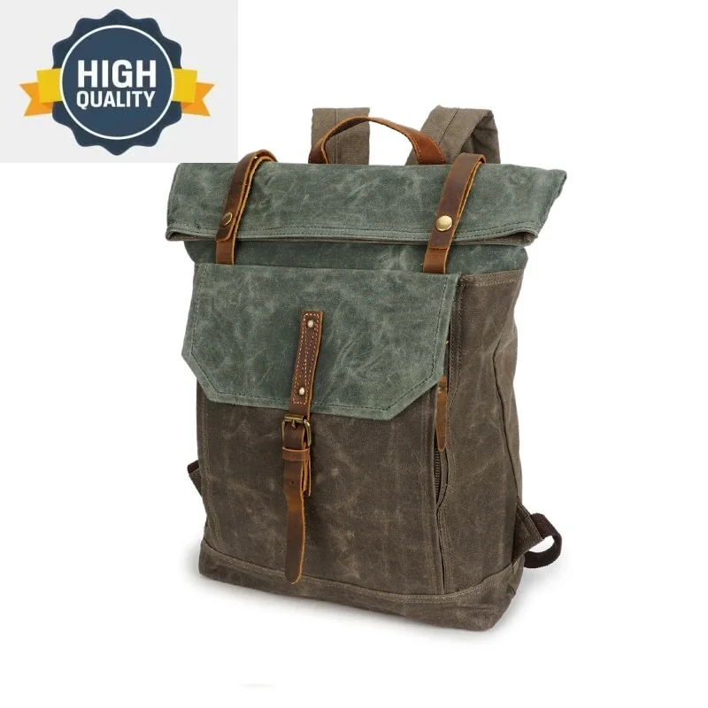 Oil Waxed Vintage Canvas Leather Backpack Teenager School Bag Travel Waterproof Daypacks 14