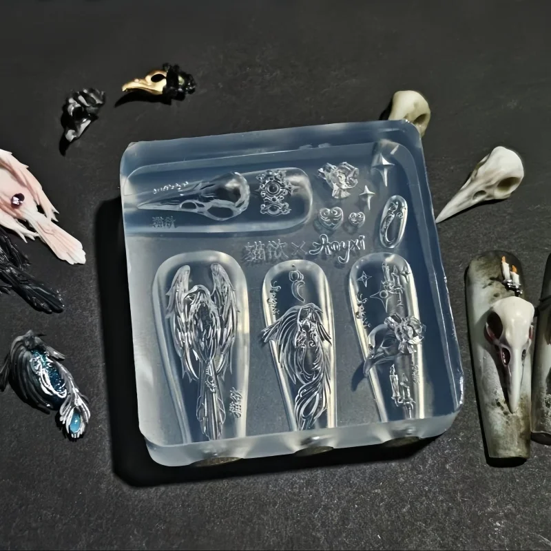 1 Pc ネイルモールドシリコーンテンプレートカラスの羽燭台恐竜スケルトンカニ昆虫ネイル 3d 装飾透明ネイルモールド