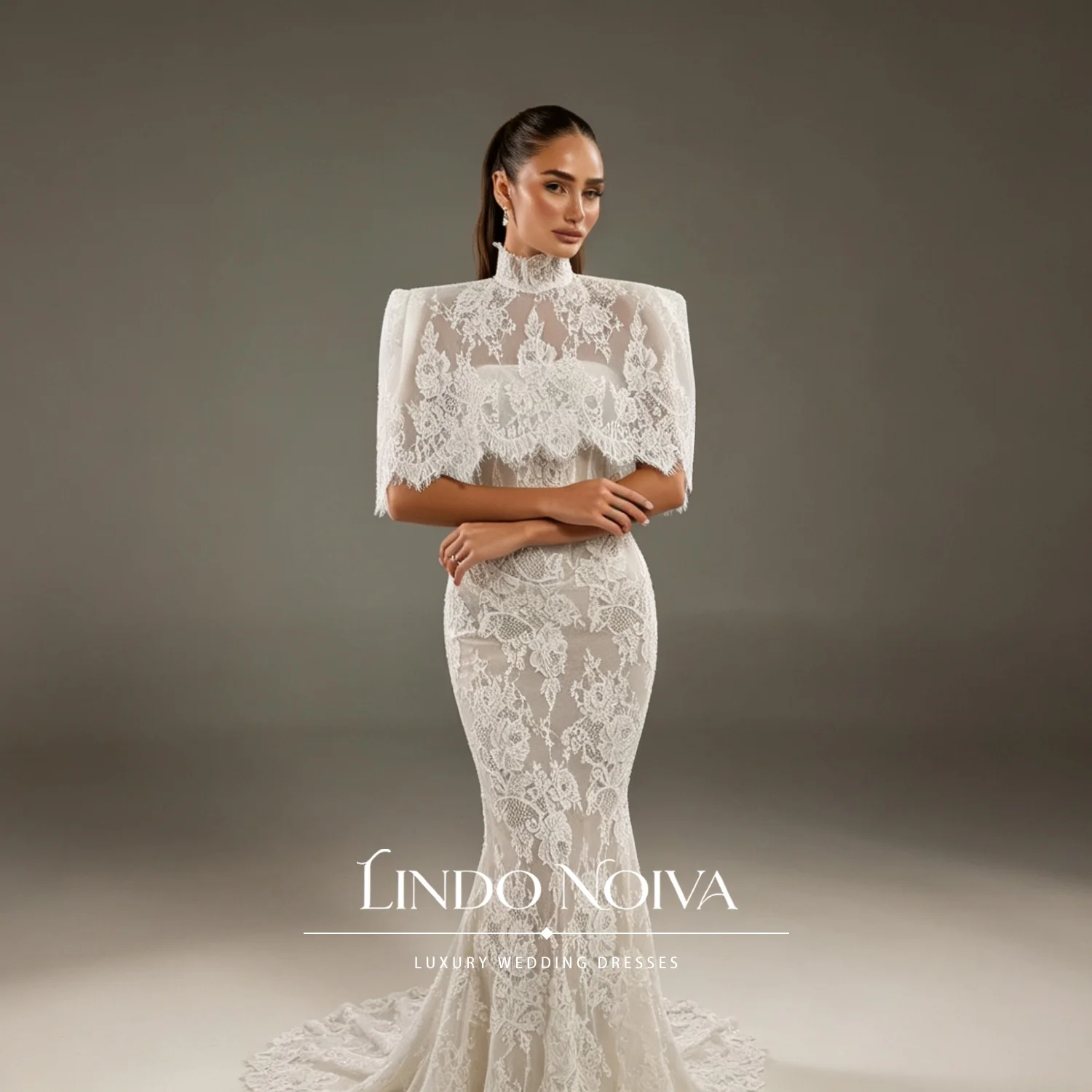 LINDO NOIVA Customized Elegant White High Neck Short Capelet Mermaid Wedding Dress vestidos de novia Floor Length Church Wedding