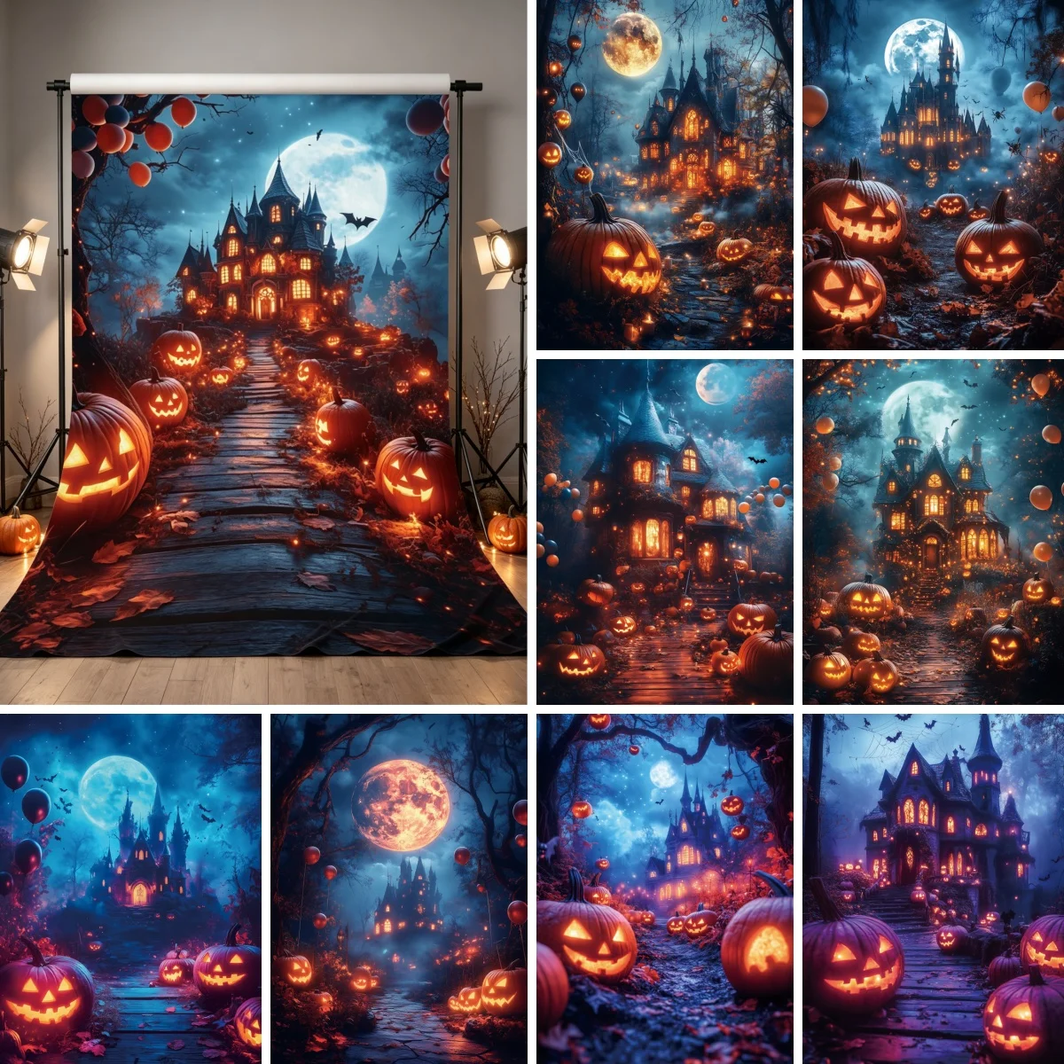 Halloween-Dekorations-Hintergrund für Fotografie, Hintergründe für Fotos, Geisterburg-Kürbisszene, Festliche Foto-Requisite für Studio