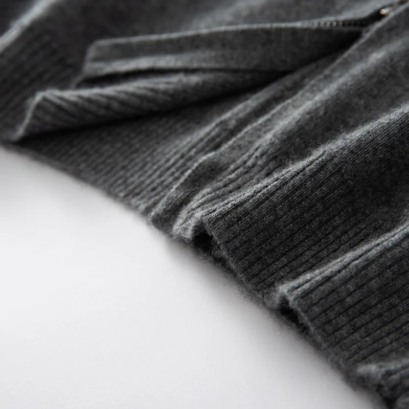 Autumn Winter 100% Cashmere Sweater Men Cardigan Half Turtleneck Loose Thickened Double Zipper Casual Knitted Sweater Gray Coat