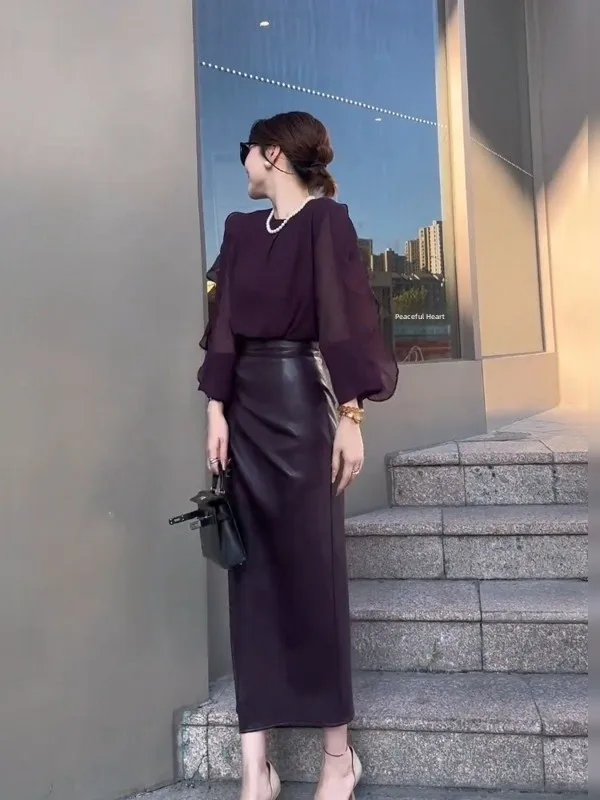 

Early Autumn Light Maturity Style Commute Workwear Shirt Purple Lace Long Sleeve Women's Fashionable Blouse French Style Loos...