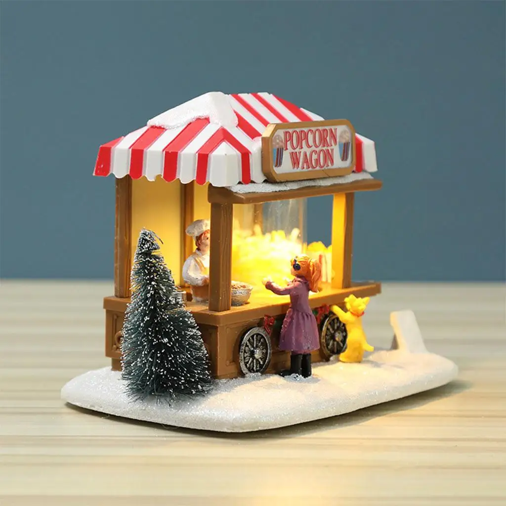 Résine noël neige LED Miniature pop-corn Wagon Village maison de poupée Figurine ensemble de construction fée jardin vacances décoration