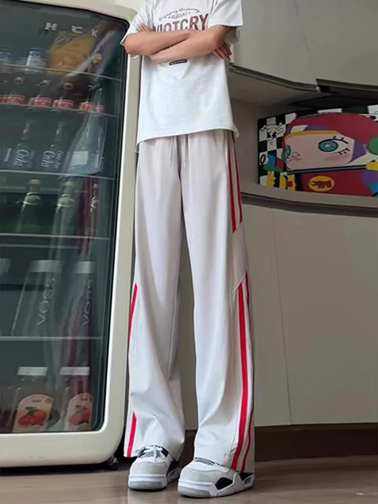 

American Retro Striped Splicing Ice Silk Men's Summer Breathable Qui Dry Casual Pants Loose Straight Leg Workwear Trousers