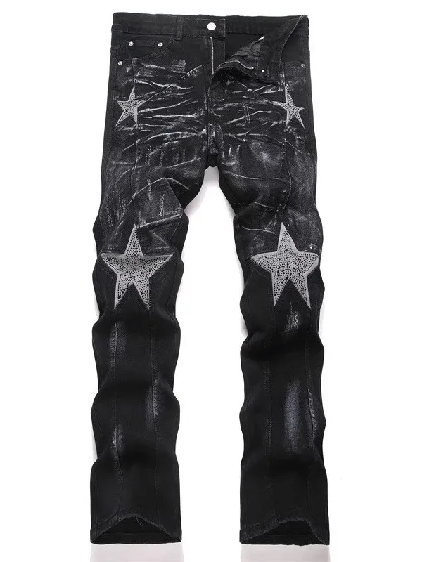 

Джинсы Bla Star с принтом Rhinestone Spray Paint, мужские облегающие расклешенные модные длинные брюки, осень-зима, средняя талия