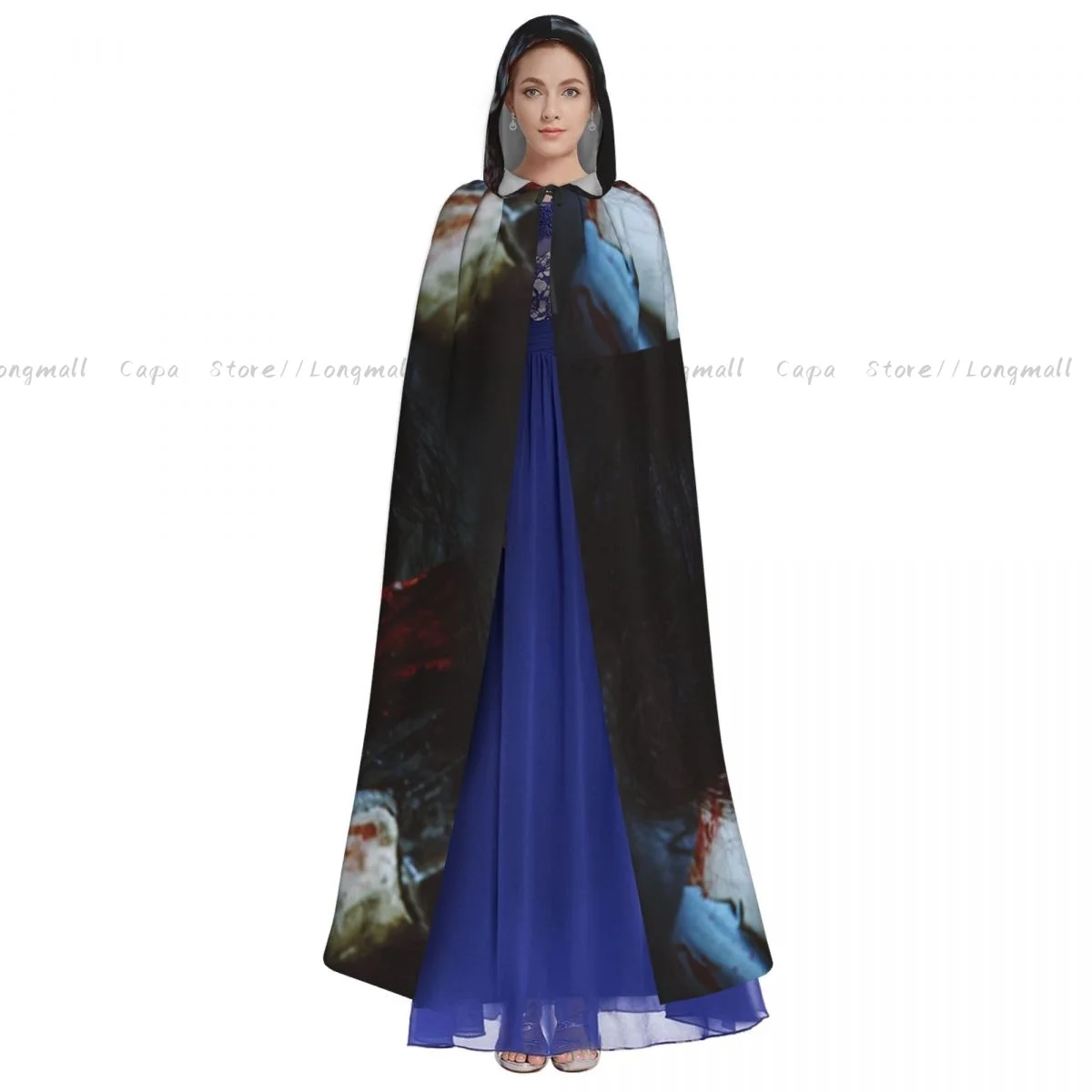 Adult Halloween Scary Dead Woman With A Bloody Tool Evil Fantasy Gothic Mystery Cloak Cape Hooded Costume Full Length Dress Coat