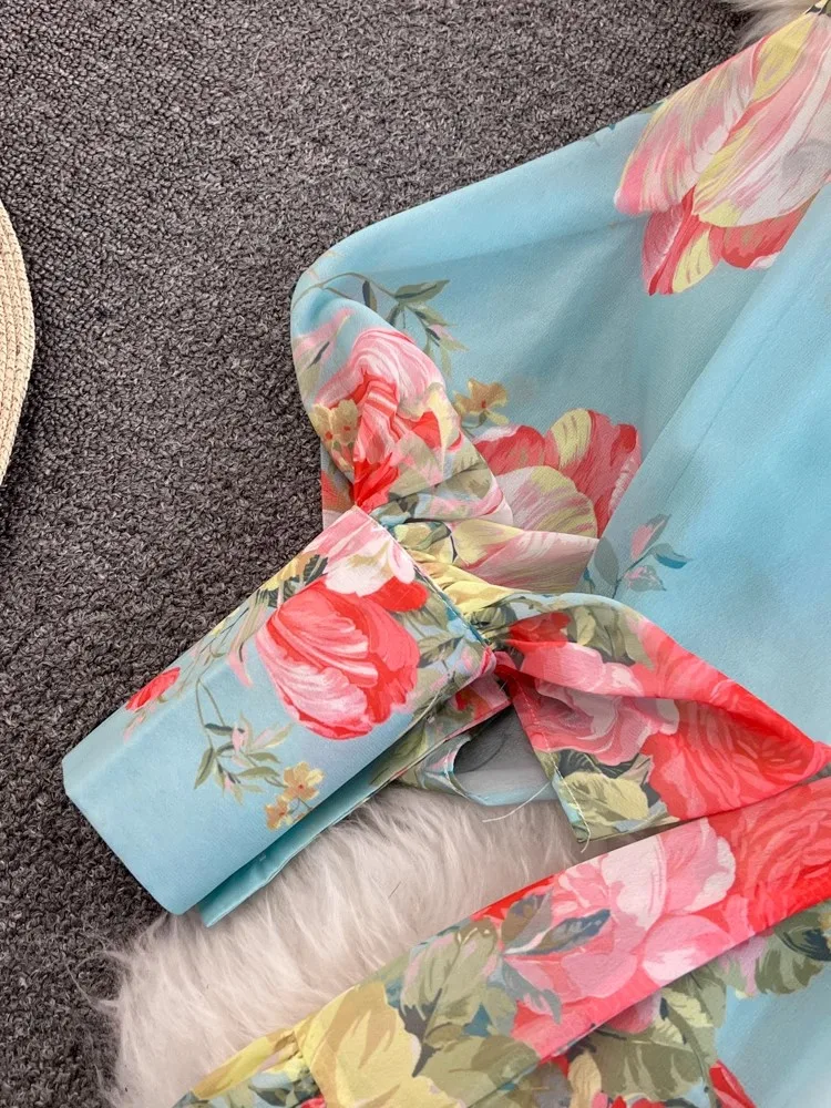 Summer Holiday Flower Chiffon Long Dress Women Stand Collar Lantern Sleeve Floral Print Belt Lace Up Boho Robe Vestidos 2049