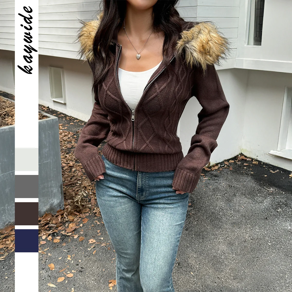 

2025 New Fashion Zipper Hooded Knitted Jacket Women Autumn Casual Retro Solid Color Plush Long-sleeved Jacket For Women