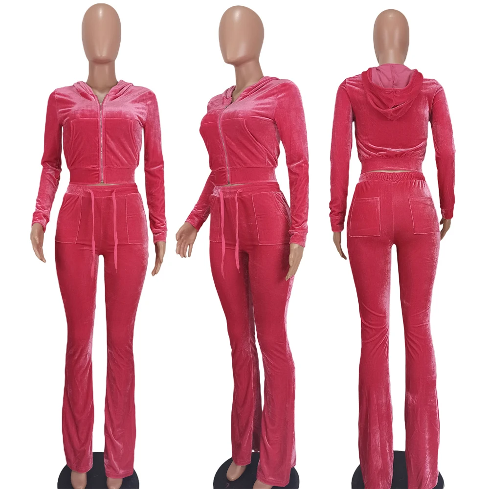 JENYAGE Damen Y2K Einfarbiger Velours Zweiteiler Trainingsanzug mit Reißverschluss-Kapuzenjacke und ausgestellter Hose mit Kordelzug, lässiger Jogginganzug – Detail 22