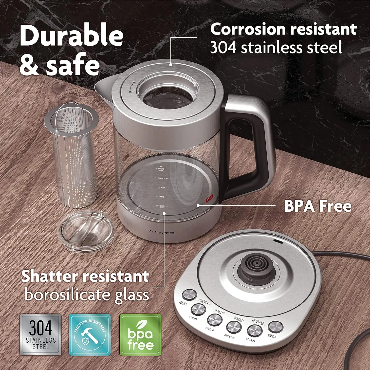 Glass electric kettle with tea infuser and temperature control. For your favorite tea and coffee brewing program