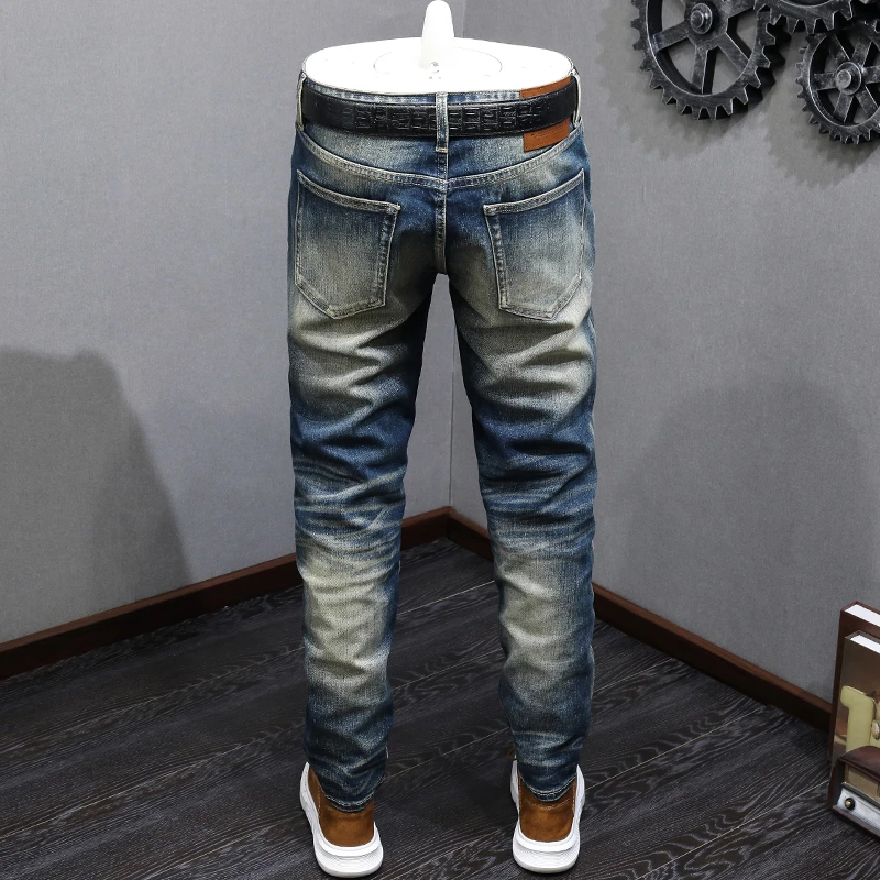 Red-Ear Denim Jeans for Men2024New Retro Nostalgic Classic Washed Wear-White Fashion High-End Slim Fit Ankle Tight Trousers