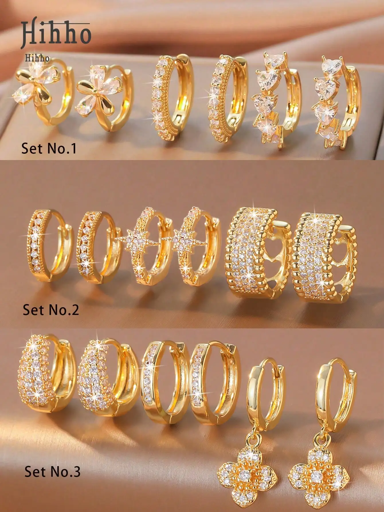 

Hihho 6pcs/Set Zirconia Stone Earring Set, Floral & Heart Designs, Sweet & Lively Style, Includes Four-Leaf Clover, Hollow Pave, Minimalist Solid Hoop, Floral Pendant Styles, Vintage Hollow Carving, Balancing Simplicity & Decoration. Dense Zirconia Inlay