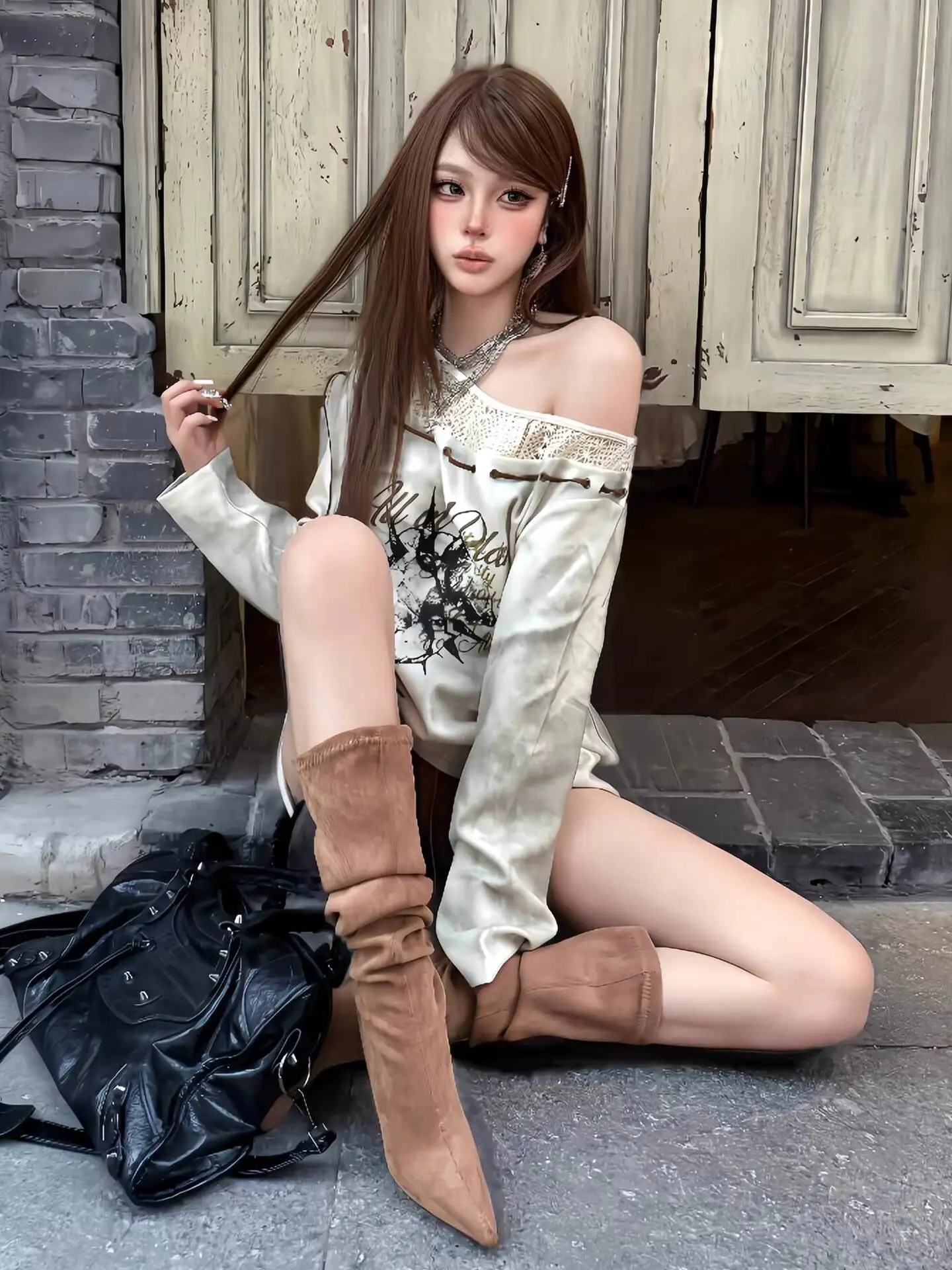 Felpa con cappuccio asimmetrica sottocultura da donna 2026 Primavera maglia patchwork con spalle scoperte Felpa casual Spice Girl alla moda