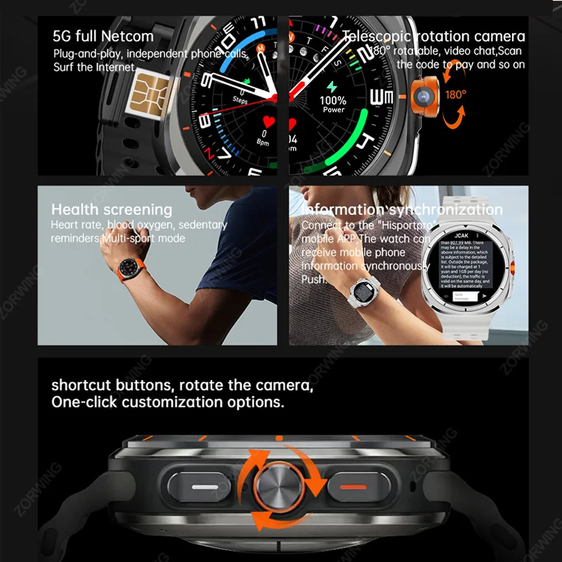 U8 Ultra AMOLED Android 9.0 Smart Watch Men 4G 5G SIM Card WiFi GPS Compass 32GB Smartwatch Rotating Camera Sport Watch 7 Ultra